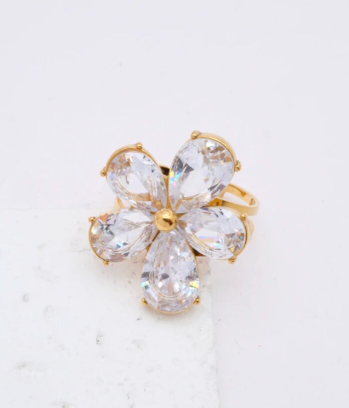 Dahlia — Mirajewelle, bague fleur zircon taille poire — acier doré