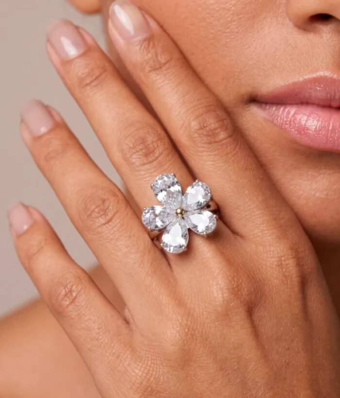 Lila — Mirajewelle, bague fleur zircon taille poire — acier doré