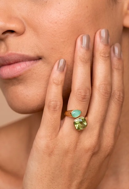 Toi & Moi — Mirajewelle, bague deux pierres vertes — acier doré