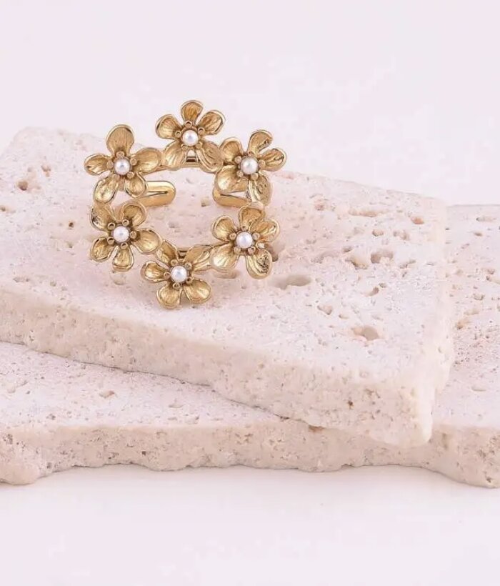 Violette — Mirajewelle, bague couronne de fleurs perles — acier doré