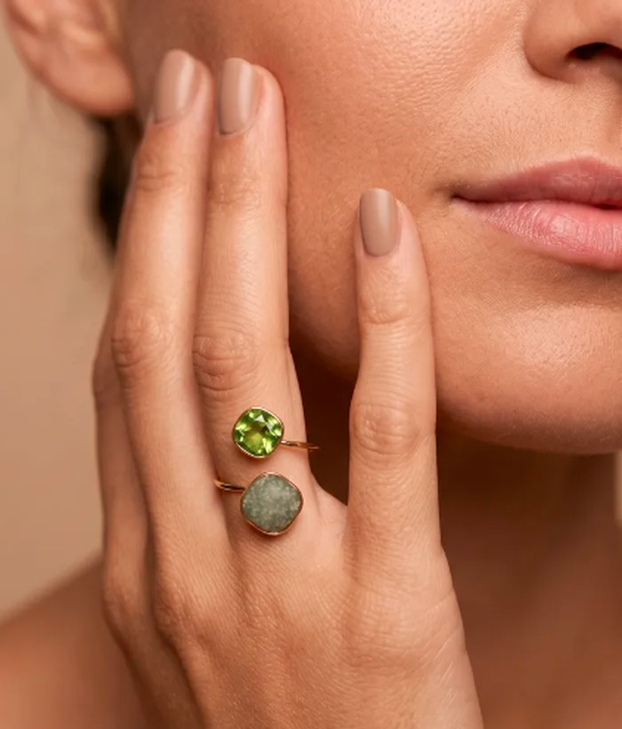 Gemme — Mirajewelle, bague ouverte deux pierres — acier doré