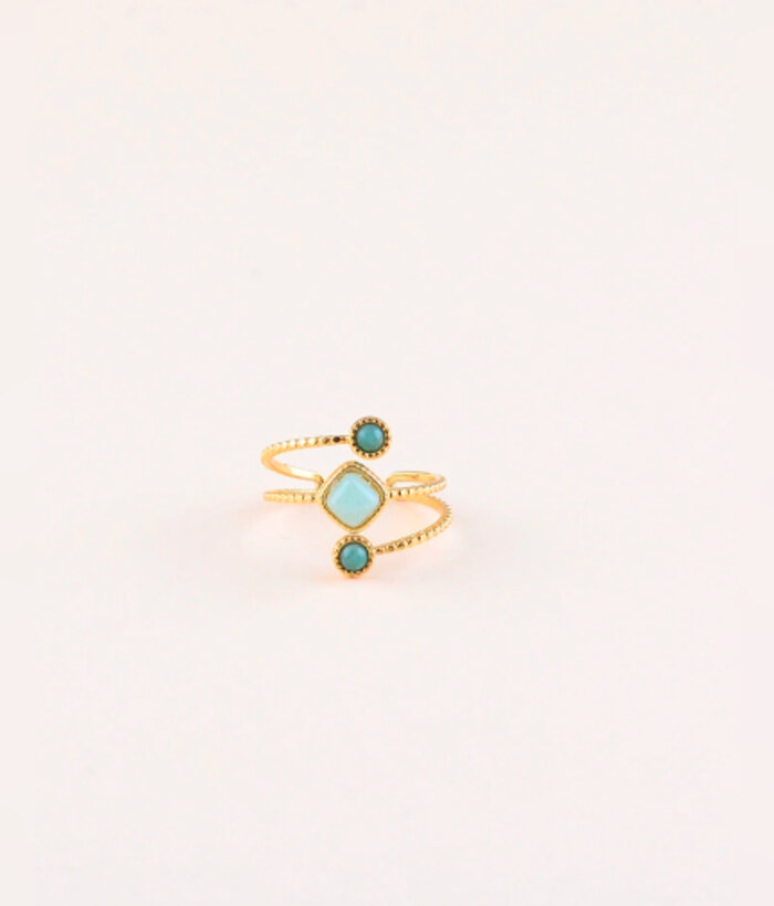 Lagon — Mirajewelle, bague ajustable double anneau trois pierres turquoise — acier doré