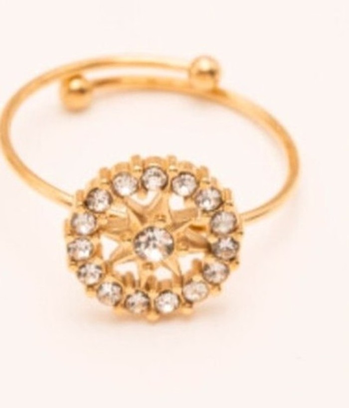 Mandala — Mirajewelle, bague ajustable rosace ajourée pavée de strass — acier doré
