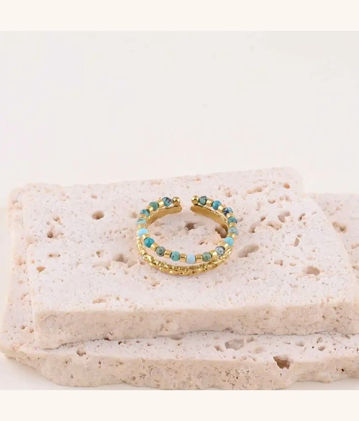 Naïade — Mirajewelle, bague double anneau perles — acier doré