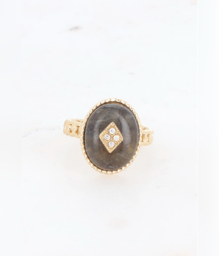 Sultane — Mirajewelle, bague cabochon ovale pierre naturelle strass — acier doré