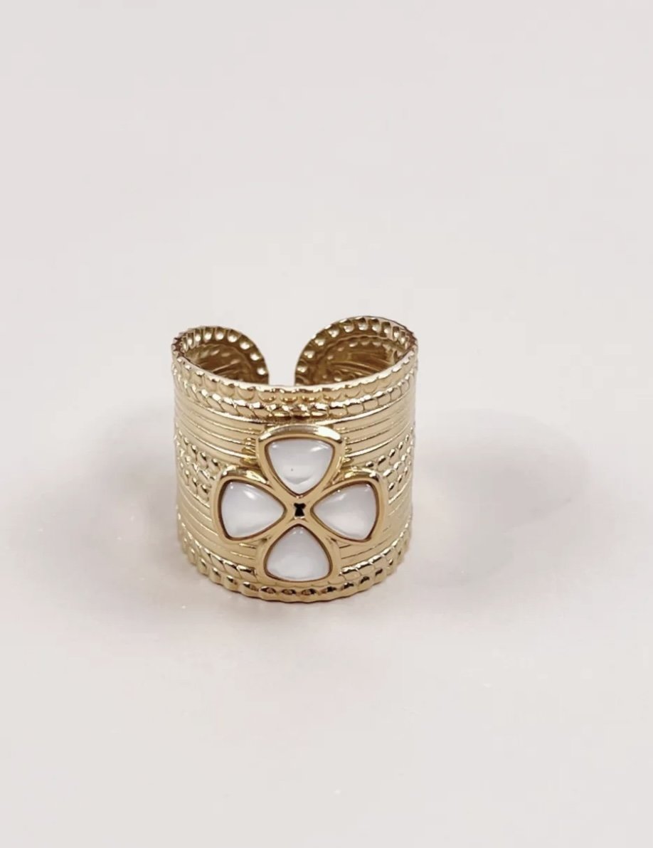 Trèfle — Mirajewelle, bague large — acier doré