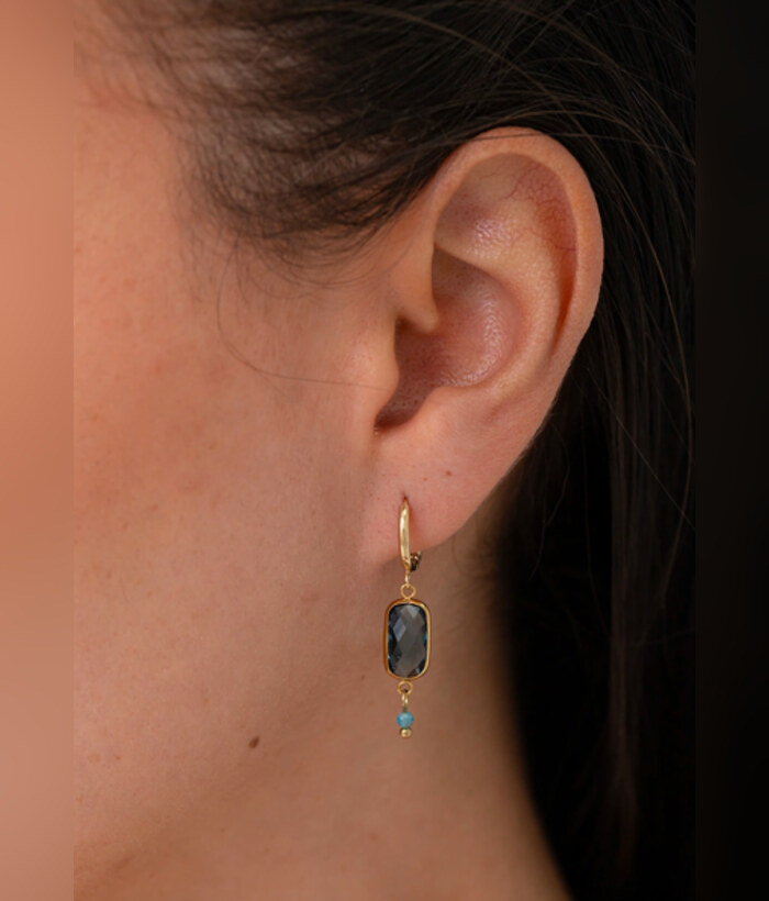 Riviera — Mirajewelle, créoles pendantes pierre facettée et perle turquoise — acier doré