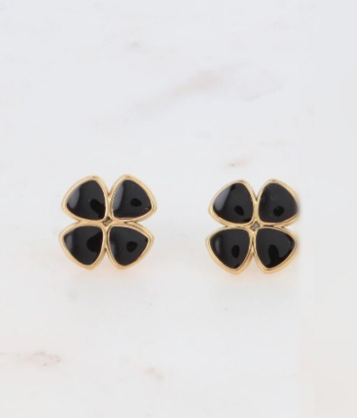 Ébène — Mirajewelle, boucles puces trèfle émail noir — acier doré