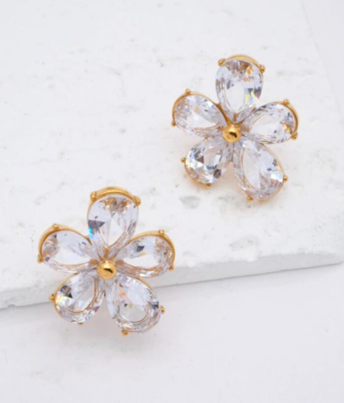 Magnolia — Mirajewelle, boucles puces fleur zircon taille poire — acier doré