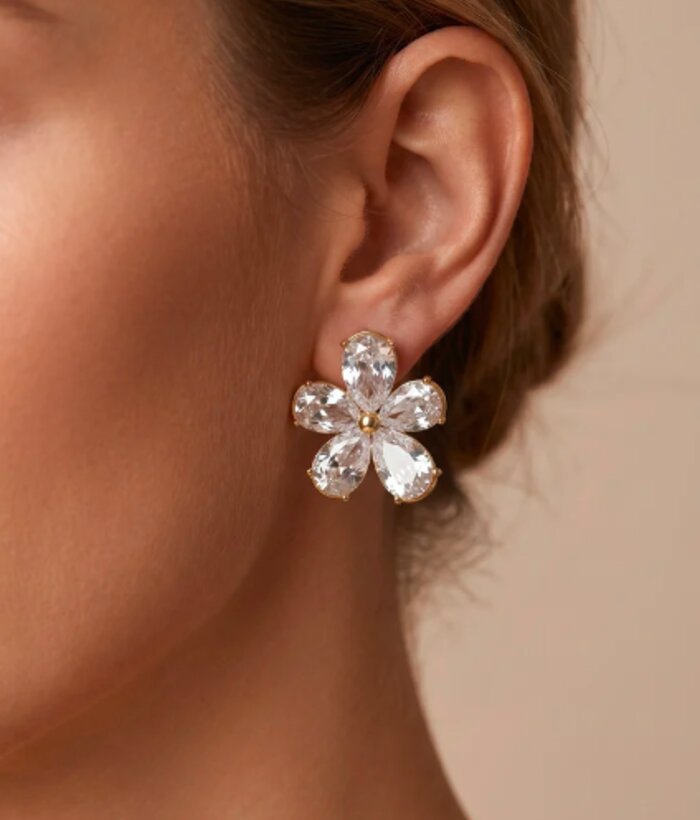 Lila — Mirajewelle, boucles puces fleur zircon taille poire — acier doré