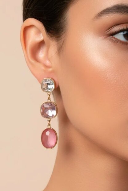 Mia - Maison Mya, boucles pendantes trois pierres - acier doré
