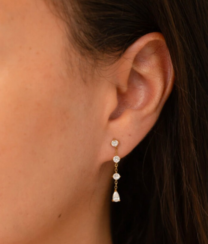 Esmeralda — Mirajewelle, boucles pendantes chaîne strass et goutte — acier doré