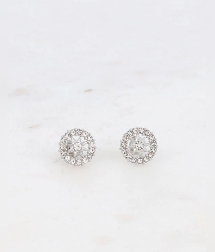Aura — Mirajewelle, boucles puces rosace pavée de strass — acier argenté