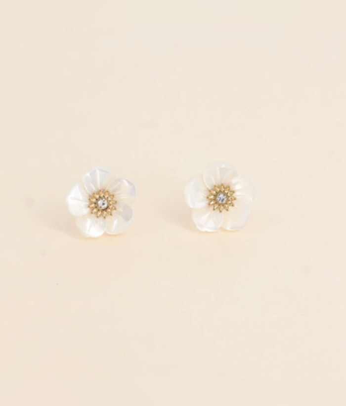 Primevère — Mirajewelle, boucles puces fleur nacre et zircon — acier doré