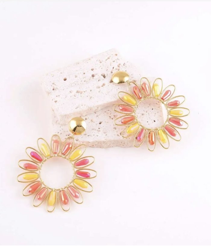 Soleil — Mirajewelle, boucles cerceau rayonnant perles colorées — acier doré