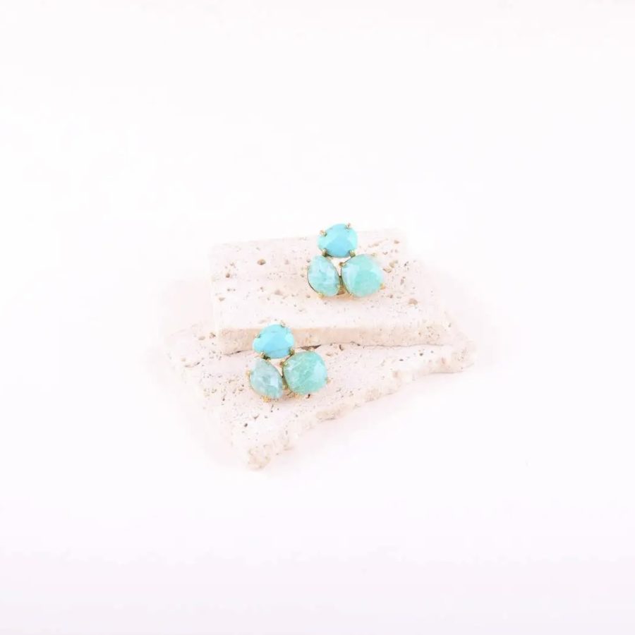Opaline — Mirajewelle, boucles puces trois pierres — acier doré