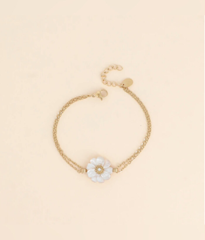 Aubépine — Mirajewelle, bracelet double chaîne fleur nacre — acier doré