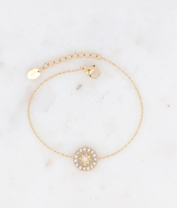 Boréale — Mirajewelle, bracelet chaîne médaillon rosace pavé de strass — acier doré