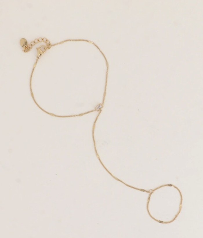 Brise — Mirajewelle, chaîne de main bracelet-bague strass baguette — acier doré