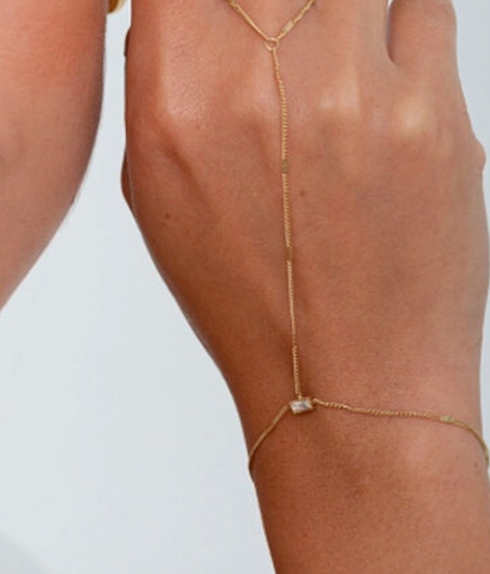 Eden — Mirajewelle, chaîne de main bracelet-bague strass baguette — acier doré