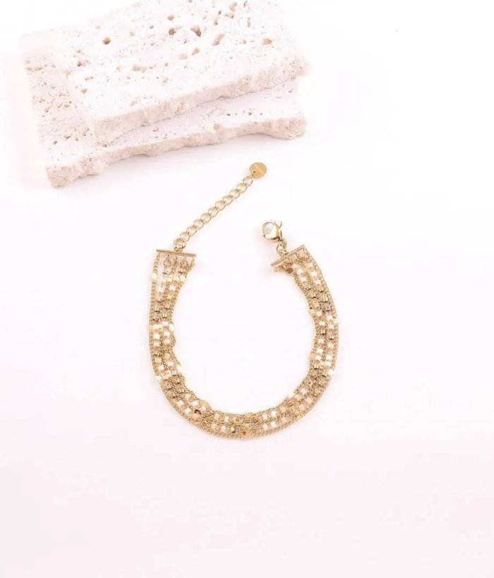 Naïade — Mirajewelle, bracelet multirangs chaînes et perles — acier doré