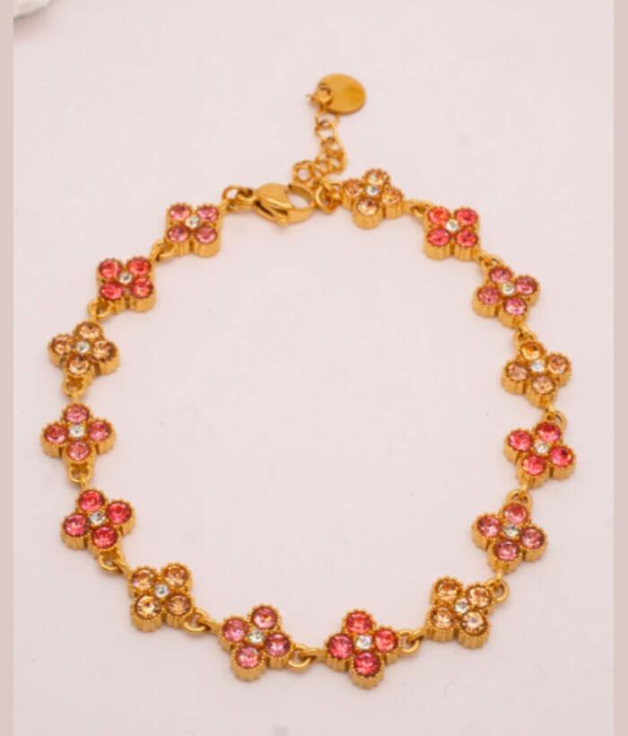 Flora blush - Maison Mya, bracelet fleurs serties de cristaux blush - acier doré