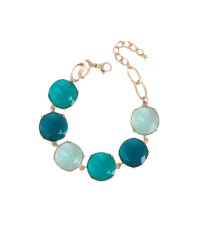 Milos - Maison Mya, bracelet six cristaux ronds plats camaieu de turquoise - acier doré