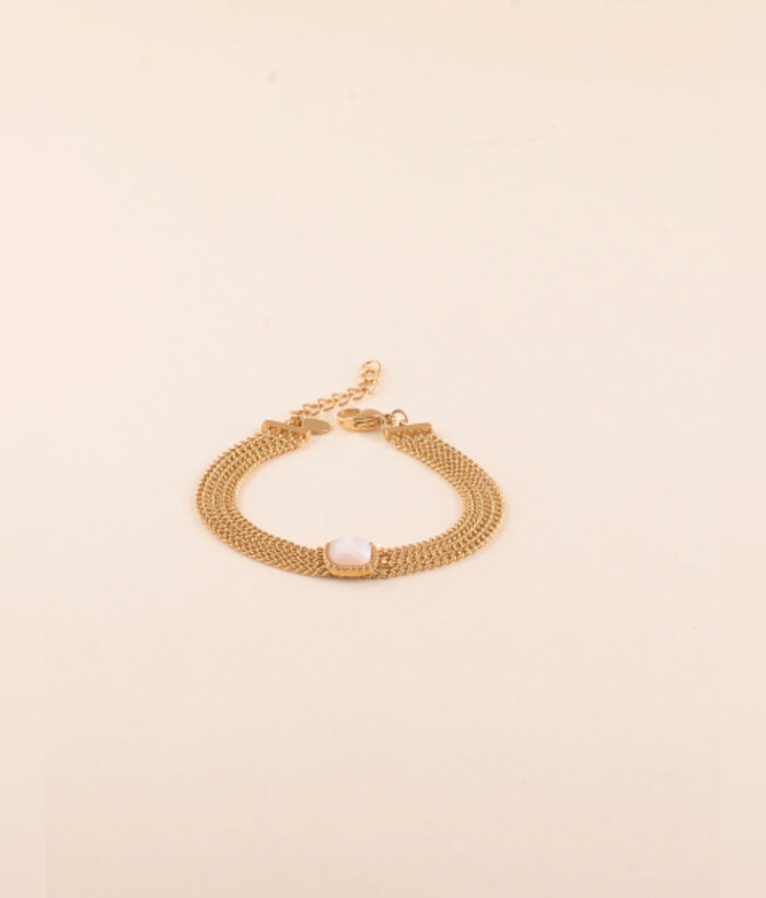 Oasis — Mirajewelle, bracelet multi-rangs chaînes fines pierre centrale — acier doré