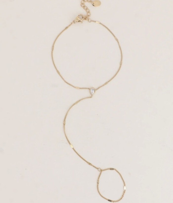Ondine — Mirajewelle, chaîne de main bracelet-bague strass goutte — acier doré