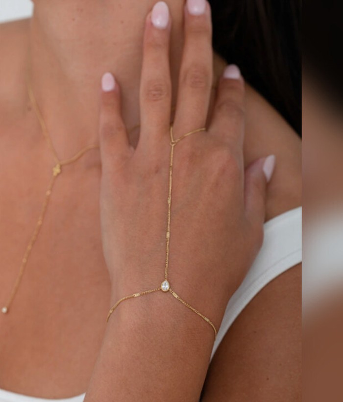 Luna — Mirajewelle, chaîne de main bracelet-bague strass goutte — acier doré