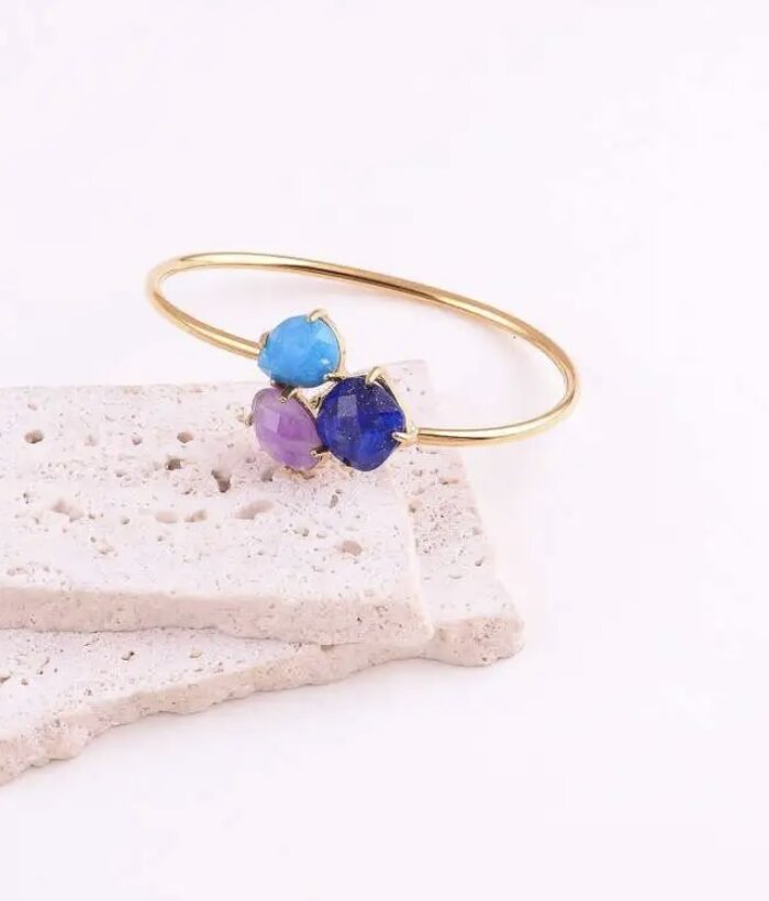Opaline — Mirajewelle, jonc fin trois pierres multicolores — acier doré