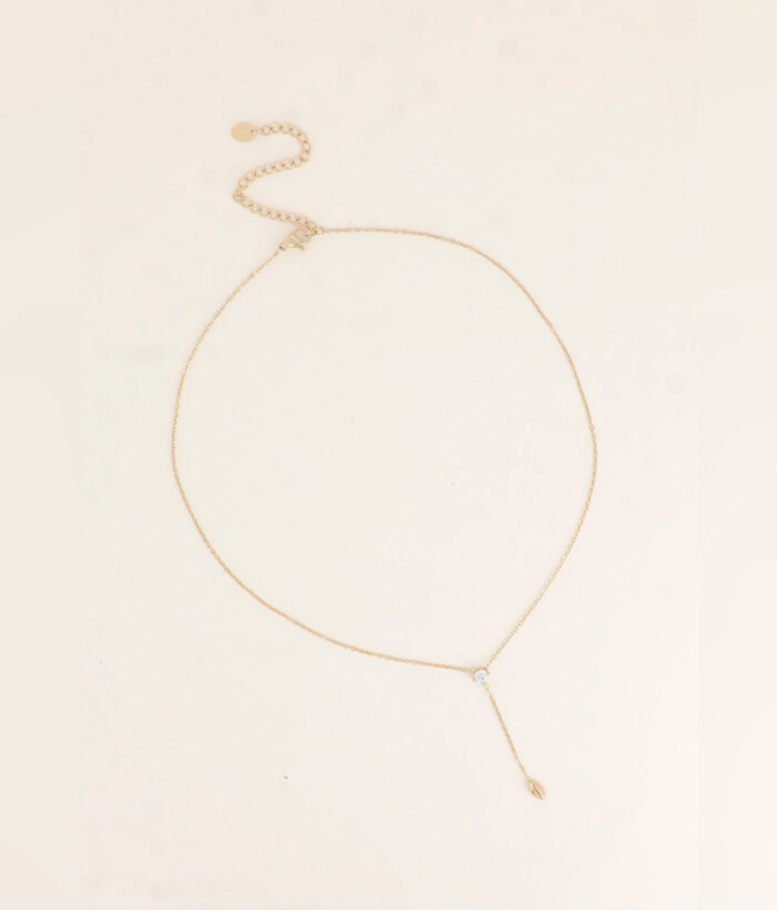 Amande — Mirajewelle, collier lariat Y strass et pampille amande — acier doré