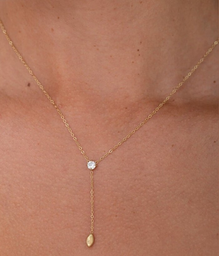 Perla — Mirajewelle, collier lariat Y strass et pampille amande — acier doré