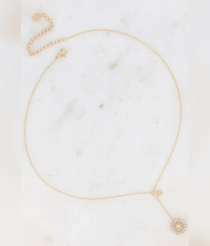 Boussole — Mirajewelle, collier lariat Y médaillon rosace pavé de strass — acier doré