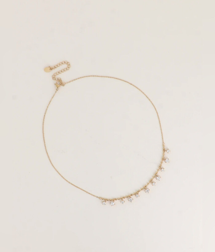 Étincelle — Mirajewelle, collier ras-de-cou pampilles strass — acier doré