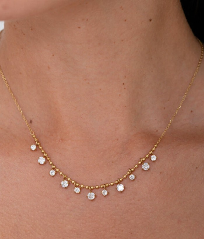 Esmeralda — Mirajewelle, collier ras-de-cou pampilles strass — acier doré