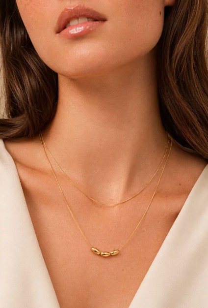 Yse — Mirajewelle, collier double chaîne perles dorées — acier doré